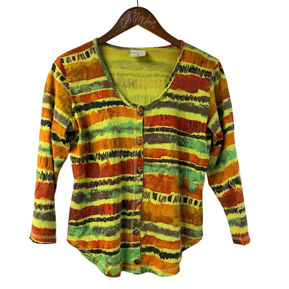 Color Me Cotton Green Striped Top
Button Front Scoop Neck XS Vintage